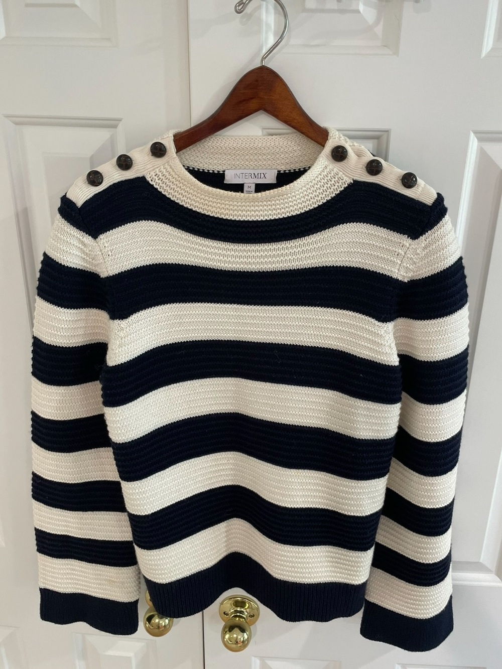 INTERMIX Navy and Cream Striped Button-Shoulder Crew Sweater Size M